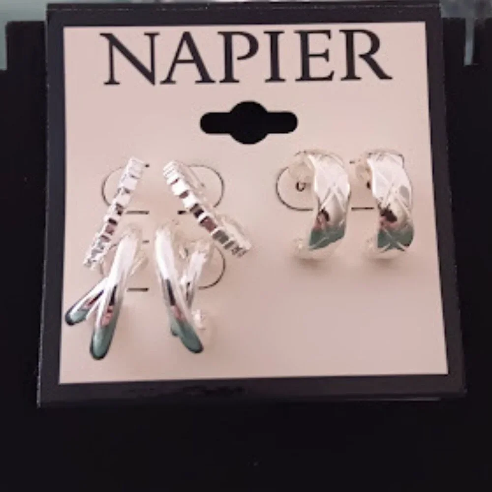 NAPIER 3pc Contemporary Silver Criss Cross/Cutout/Quilted Texture Hoop Earrings - Picture 3 of 4